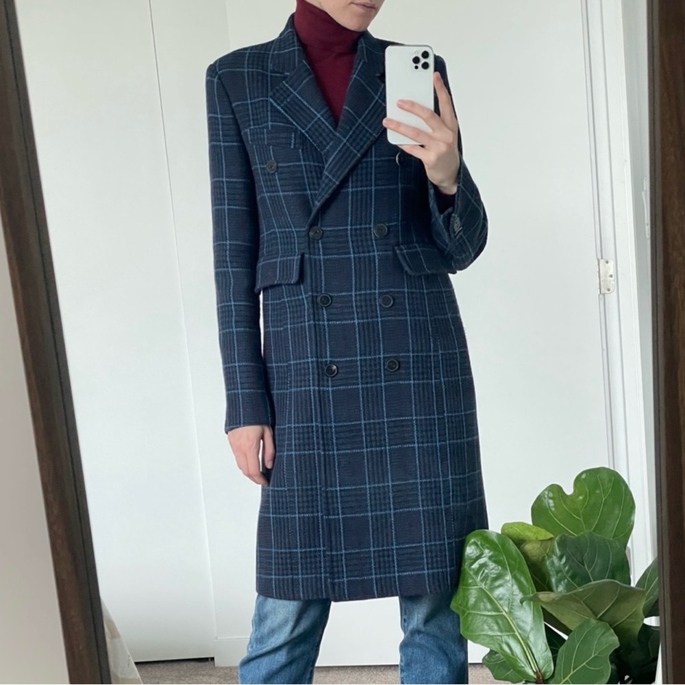 MANGO Navy Blue Plaid Double Breasted Wool Coat Lapels Wool Trench Coat Size XS - Picture 4 of 9
